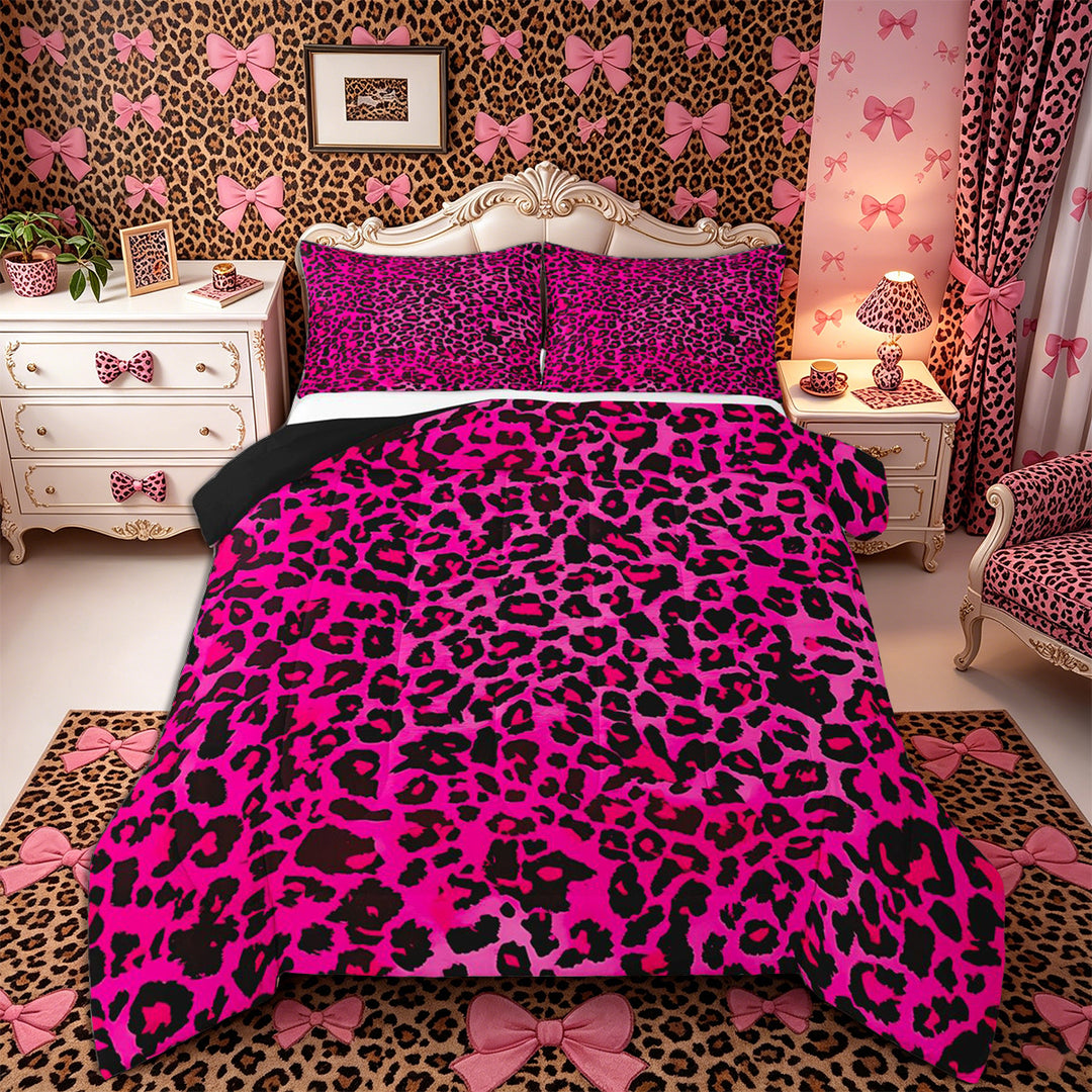 Meiyoeat Black Pink Leopard Print Full Size Comforter Sets 3-Piece, Animal Spot Pattern Bedding Comforter Set,Black Reversible