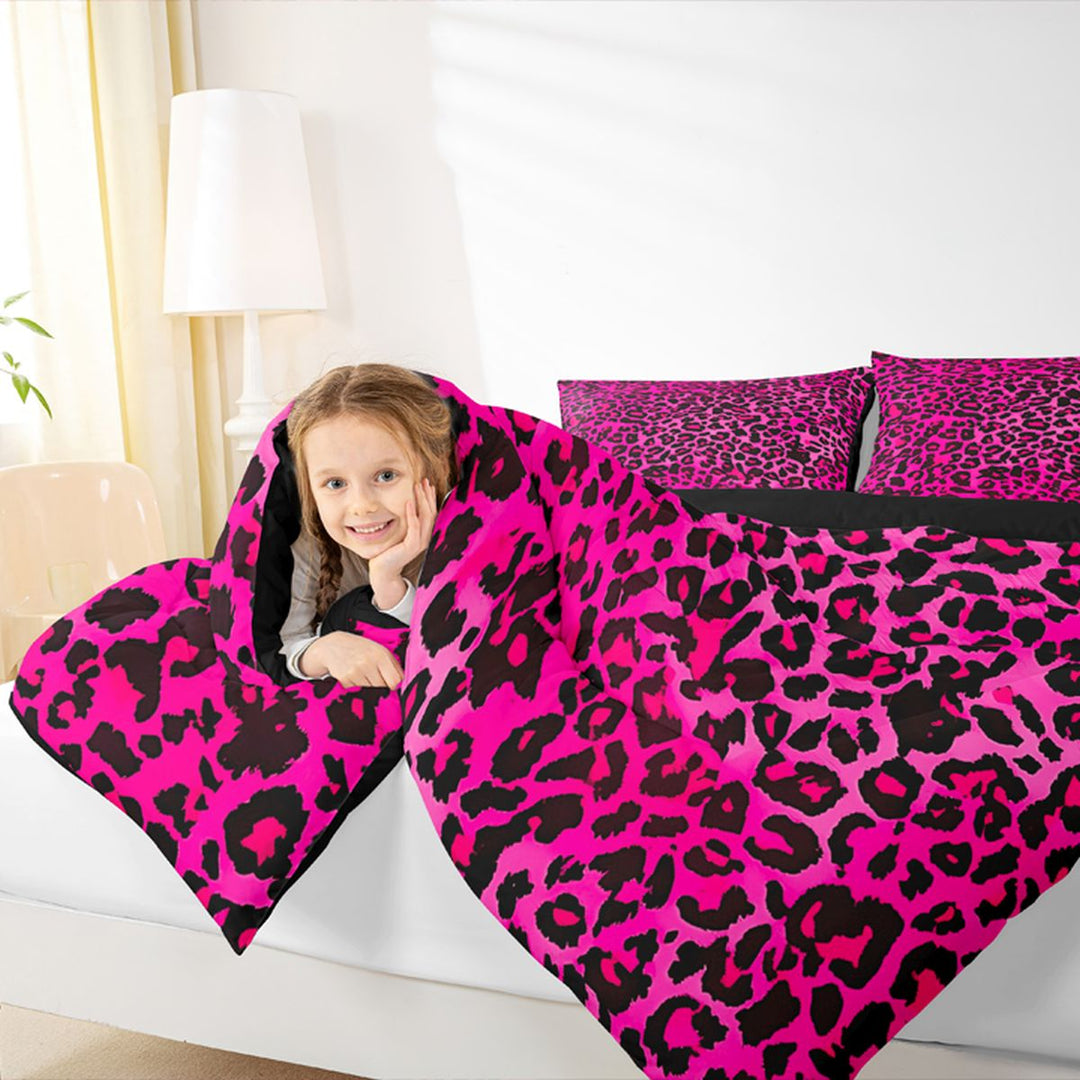 Meiyoeat Black Pink Leopard Print Full Size Bedding Sets 7 Pieces, Animal Spot Pattern Full Size Bed in a Bag,Black Reversible