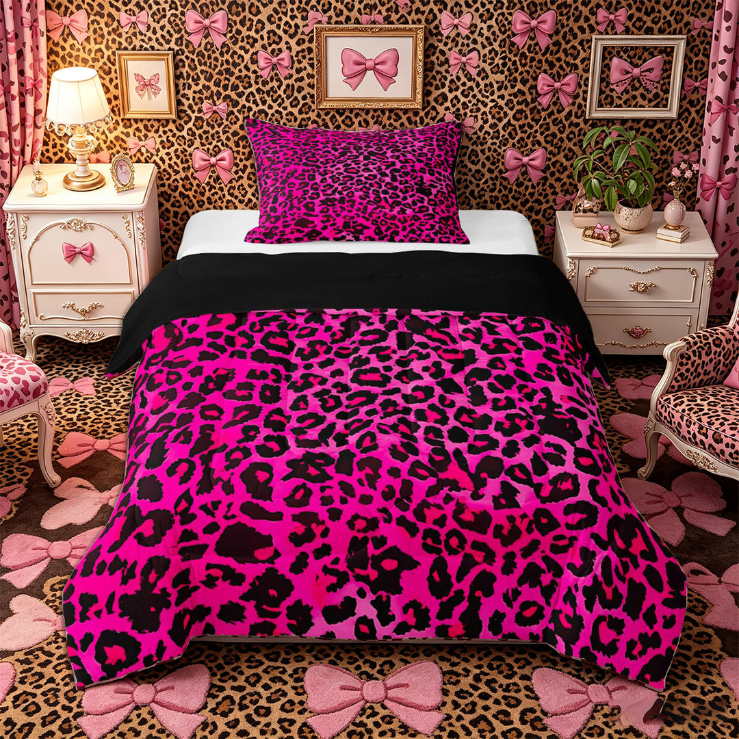 Meiyoeat Black Pink Leopard Print Full Size Comforter Sets 3-Piece, Animal Spot Pattern Bedding Comforter Set,Black Reversible