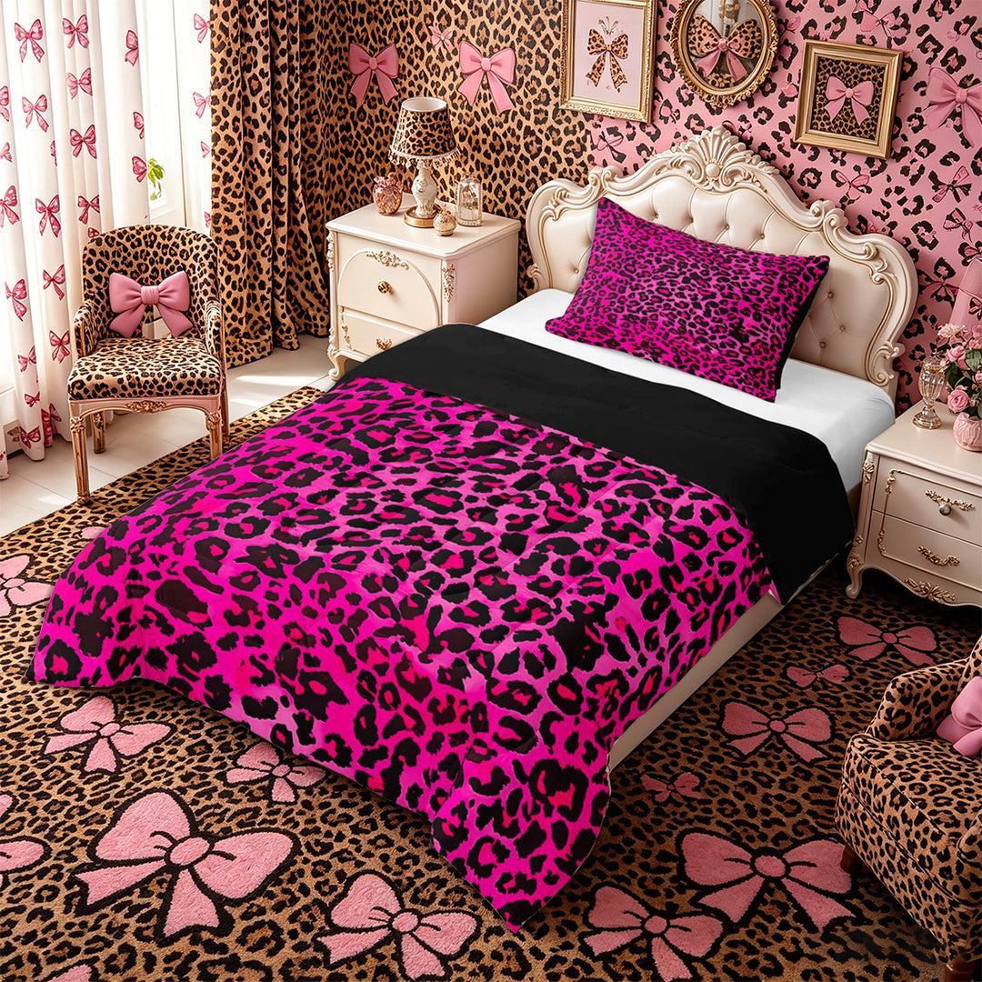 Meiyoeat Black Pink Leopard Print Full Size Comforter Sets 3-Piece, Animal Spot Pattern Bedding Comforter Set,Black Reversible