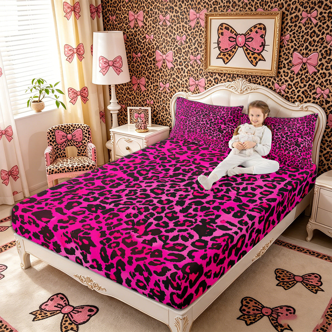 Meiyoeat Black Pink Leopard Print Bed Sheets 4-Piece, Animal Spot Pattern Full Size Sheets