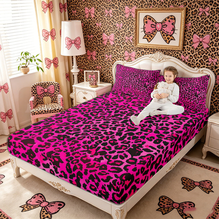 Meiyoeat Black Pink Leopard Print Bed Sheets 4-Piece, Animal Spot Pattern Full Size Sheets