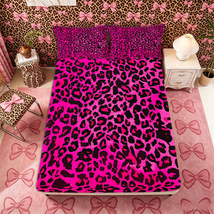 Meiyoeat Black Pink Leopard Print Bed Sheets 4-Piece, Animal Spot Pattern Full Size Sheets
