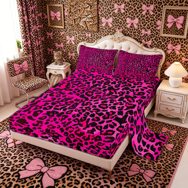 Meiyoeat Black Pink Leopard Print Bed Sheets 4-Piece, Animal Spot Pattern Full Size Sheets