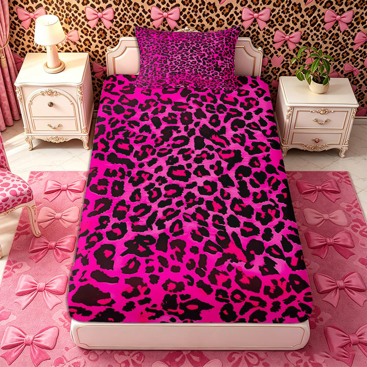 Meiyoeat Black Pink Leopard Print Bed Sheets 4-Piece, Animal Spot Pattern Full Size Sheets