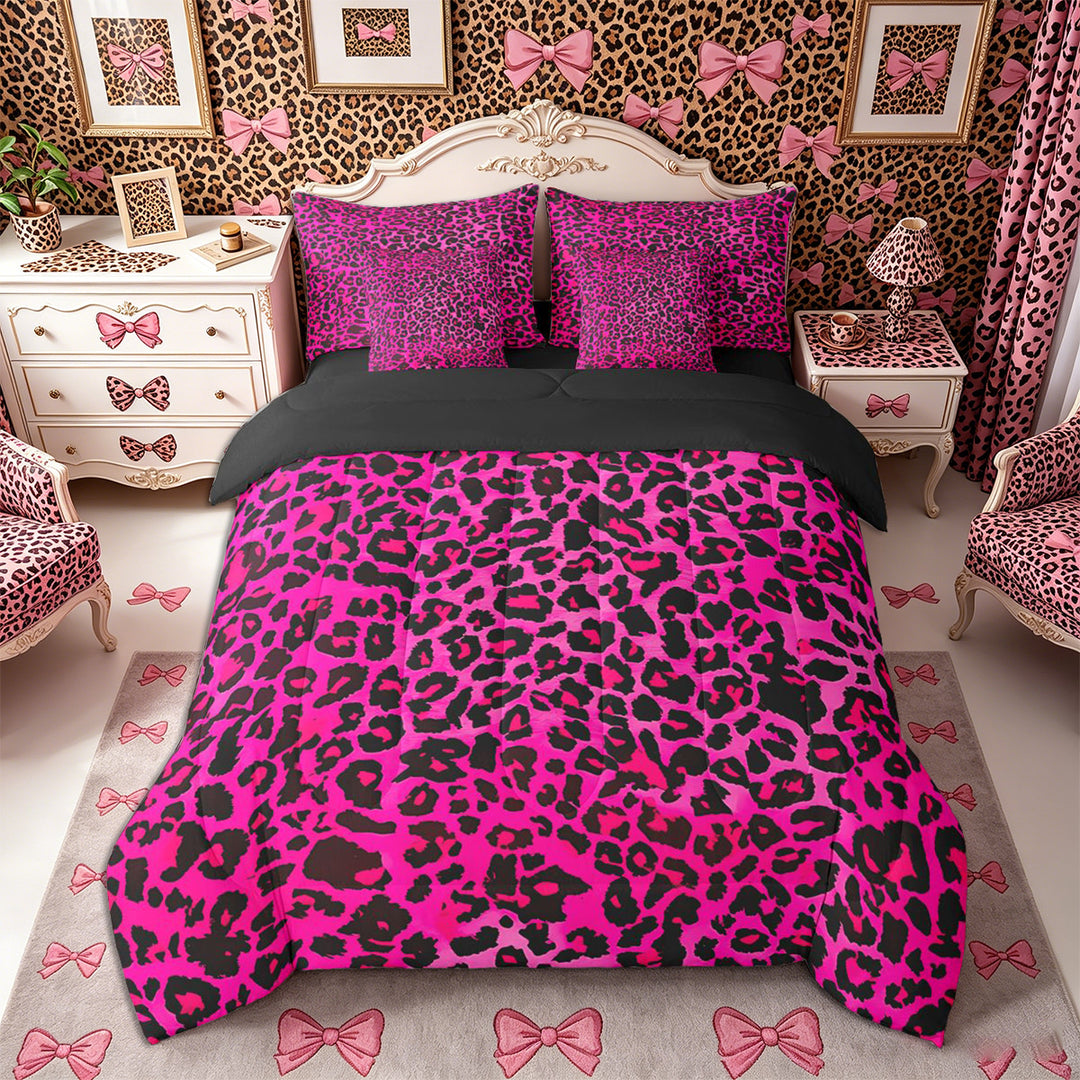 Meiyoeat Black Pink Leopard Print Full Size Bedding Sets 7 Pieces, Animal Spot Pattern Full Size Bed in a Bag,Black Reversible