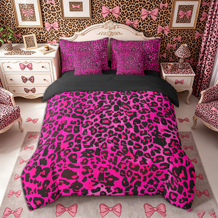 Meiyoeat Black Pink Leopard Print Full Size Bedding Sets 7 Pieces, Animal Spot Pattern Full Size Bed in a Bag,Black Reversible