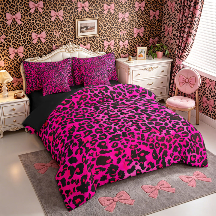 Meiyoeat Black Pink Leopard Print Full Size Bedding Sets 7 Pieces, Animal Spot Pattern Full Size Bed in a Bag,Black Reversible