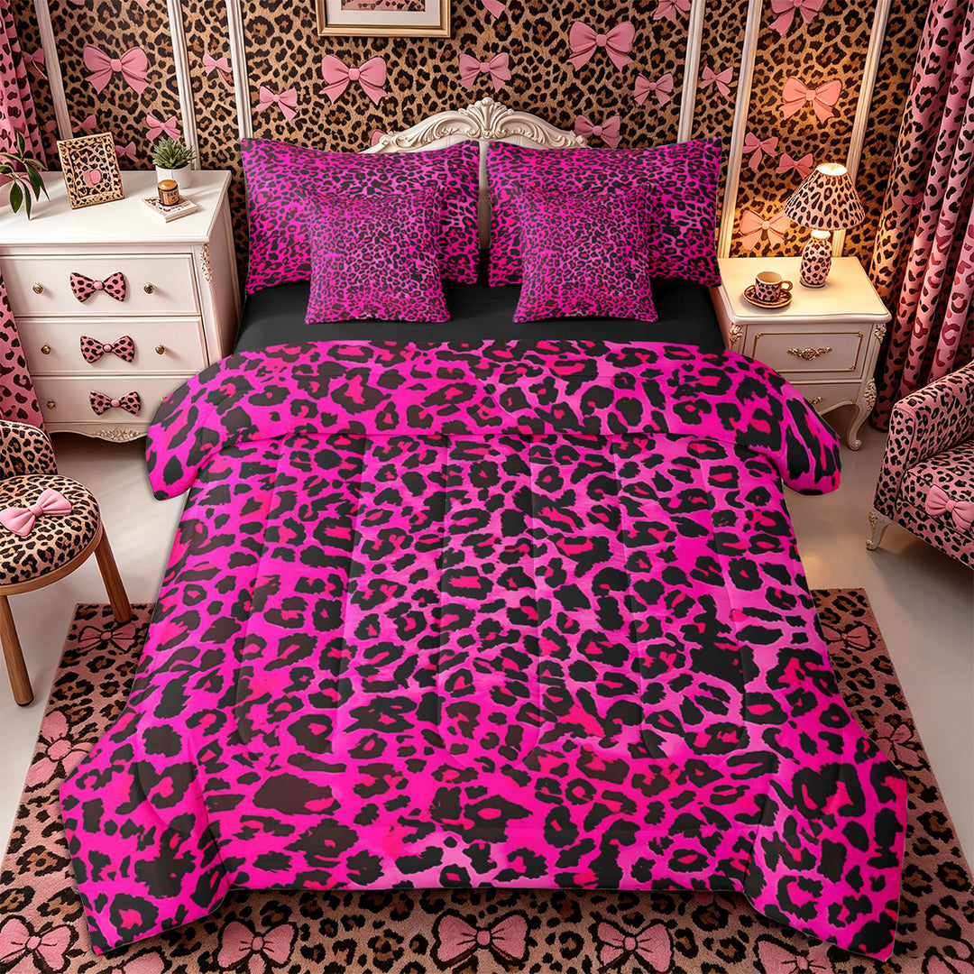Meiyoeat Black Pink Leopard Print Full Size Bedding Sets 7 Pieces, Animal Spot Pattern Full Size Bed in a Bag,Black Reversible
