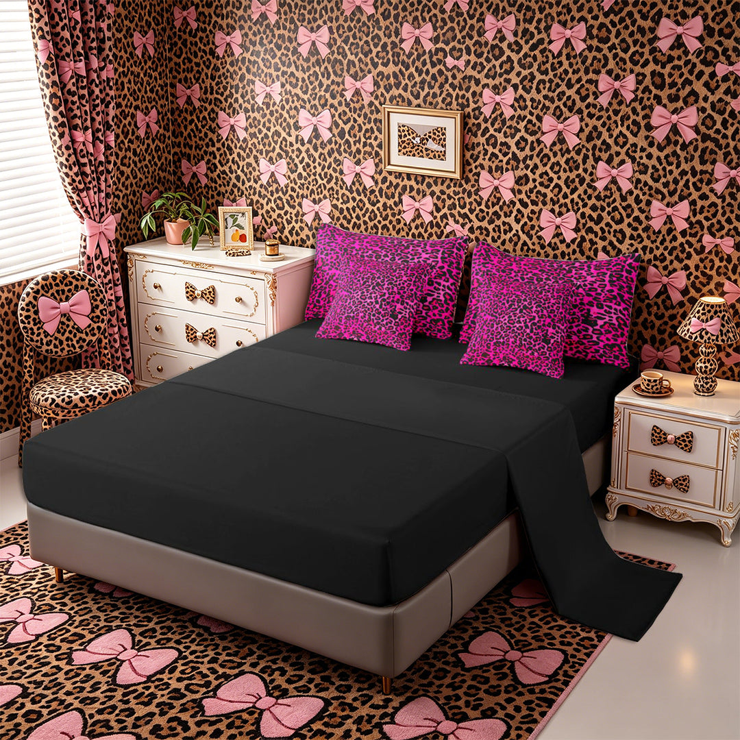 Meiyoeat Black Pink Leopard Print Full Size Bedding Sets 7 Pieces, Animal Spot Pattern Full Size Bed in a Bag,Black Reversible