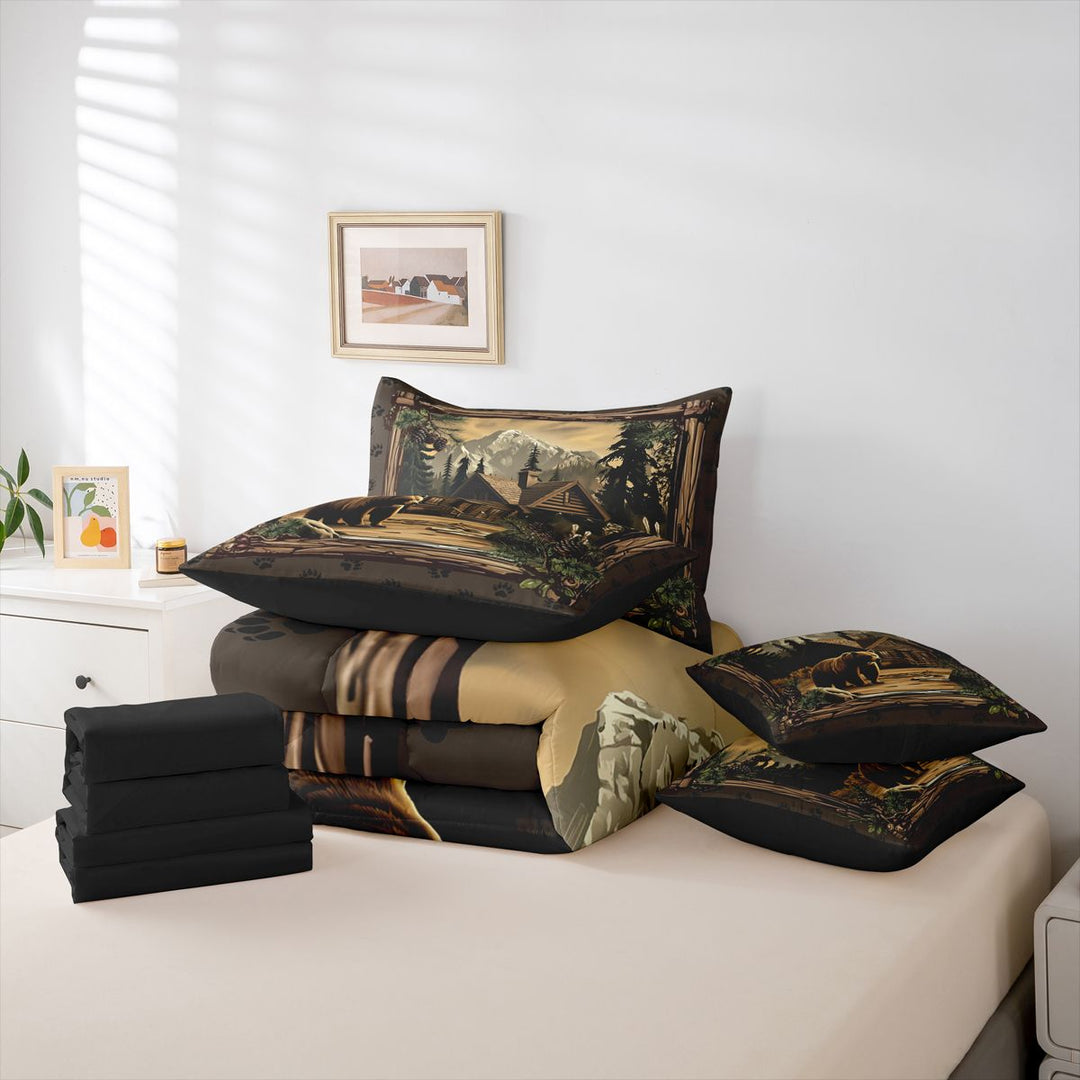 meiyoeat Rustic Cabin Bear 7-Piece King Bedding For Boys,Jungle Animal Theme King Bed in a Bag For Adults,Black Reversible