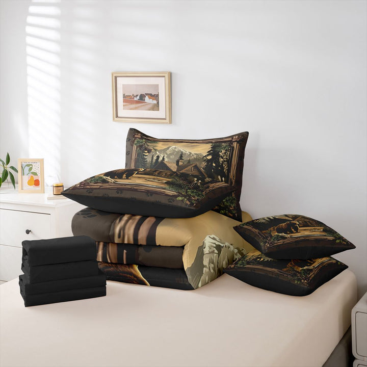 meiyoeat Rustic Cabin Bear 7-Piece King Bedding For Boys,Jungle Animal Theme King Bed in a Bag For Adults,Black Reversible