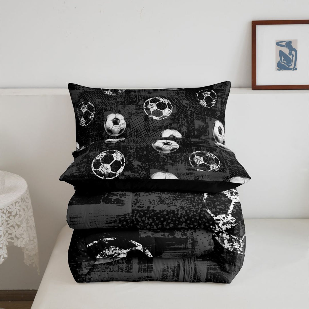 meiyoeat Vintage Graffiti Football Pattern Full Size Comforter Sets For Kids,Boys Ball Games Bedding Comforter Set For Soccer Lovers,Black Reversible,3-Piece