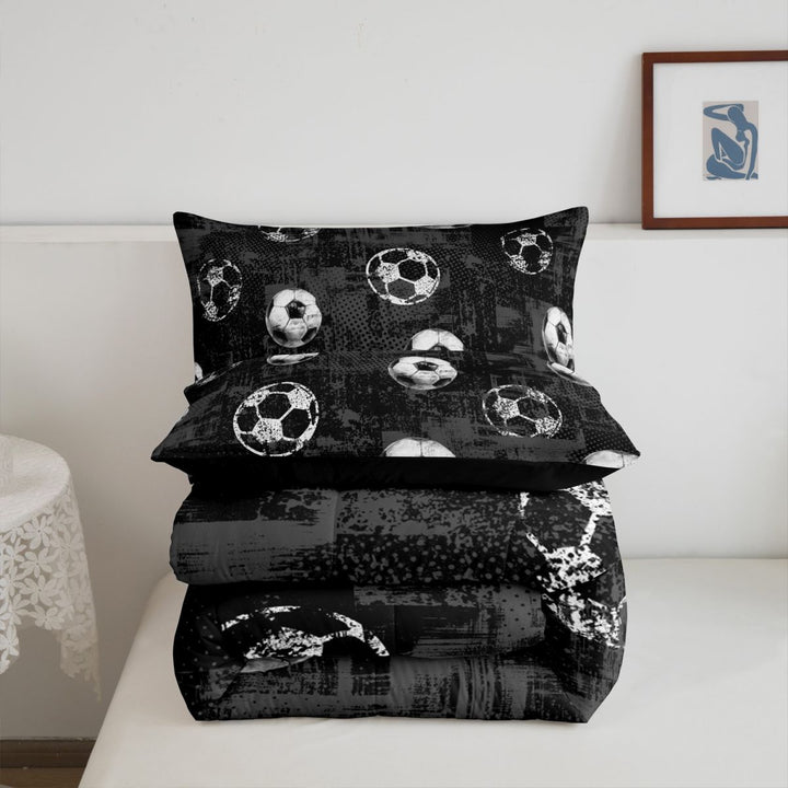 meiyoeat Vintage Graffiti Football Pattern Full Size Comforter Sets For Kids,Boys Ball Games Bedding Comforter Set For Soccer Lovers,Black Reversible,3-Piece