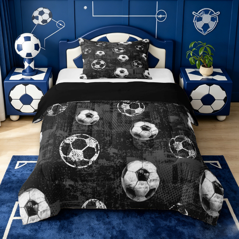 meiyoeat Vintage Graffiti Football Pattern Full Size Comforter Sets For Kids,Boys Ball Games Bedding Comforter Set For Soccer Lovers,Black Reversible,3-Piece