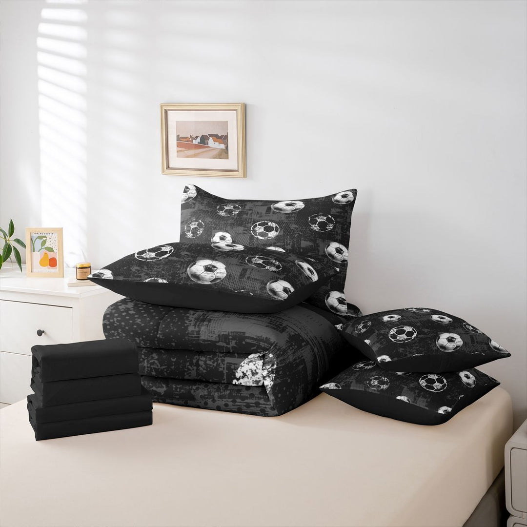 meiyoeat Vintage Graffiti Football Pattern 7 Pieces Full Size Bedding Sets For Kids,Boys Ball Games Full Size Bed in a Bag For Soccer Lovers,Black Reversible