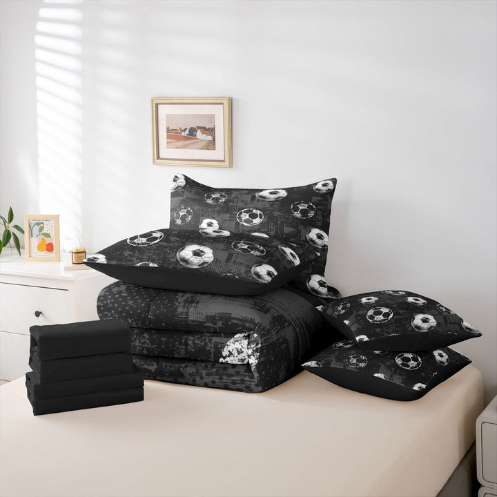 meiyoeat Vintage Graffiti Football Pattern 7 Pieces Full Size Bedding Sets For Kids,Boys Ball Games Full Size Bed in a Bag For Soccer Lovers,Black Reversible