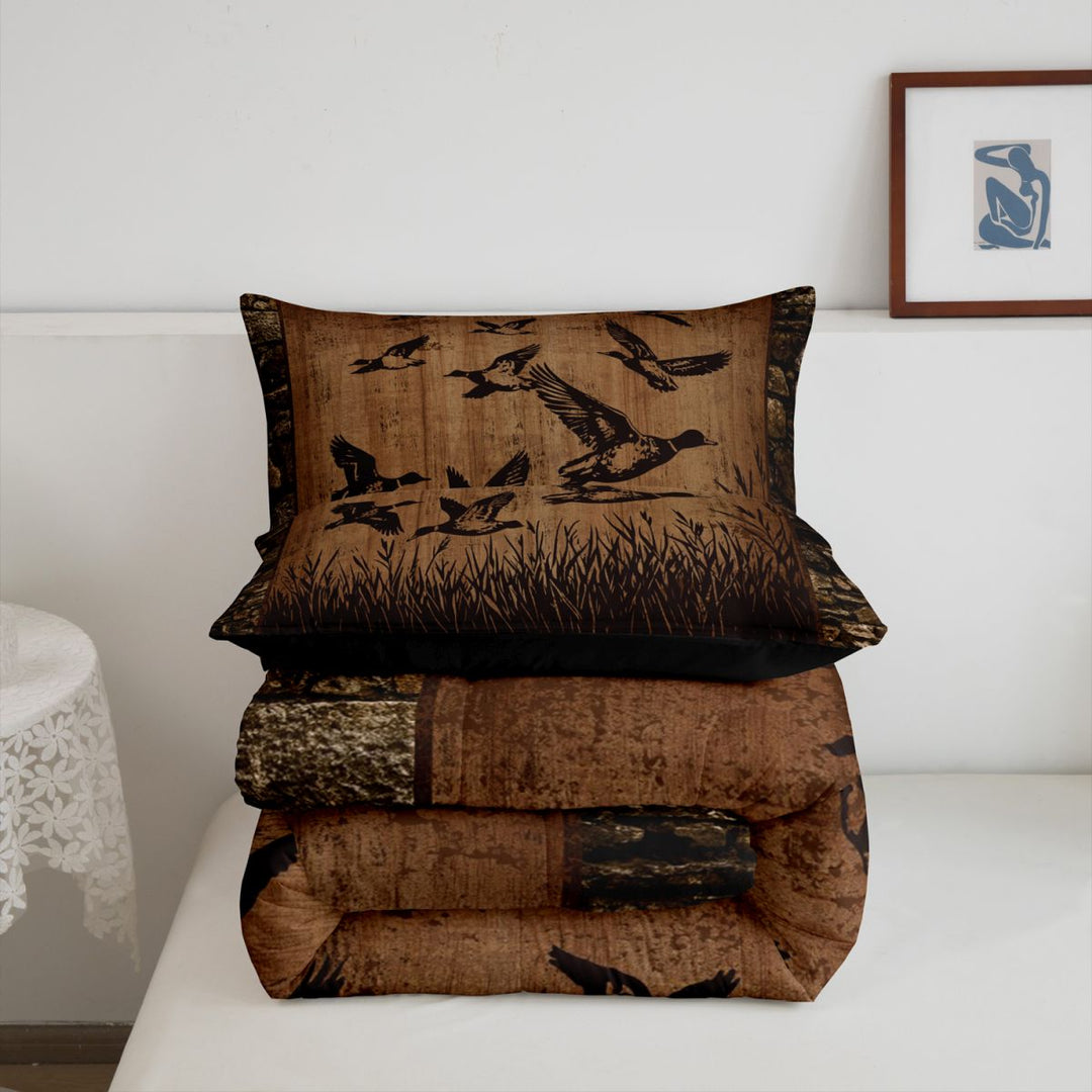 meiyoeat Vintage Mallard Duck Silhouette King Size Comforter Sets, Rustic Farmhouse Wood Print Comforters King Size For Kids,Black Reversible,3-Piece