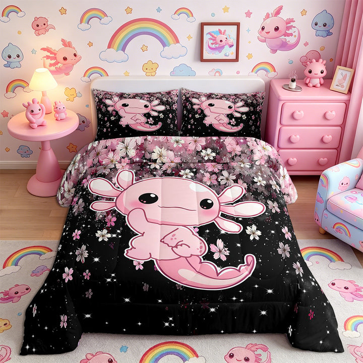 Meiyoeat Cute Axolotl Print Full Size Comforter Sets 3-Piece, Sparkle Cherry Blossom Pattern Bedding Comforter Set, Pink Black,Pink Reversible