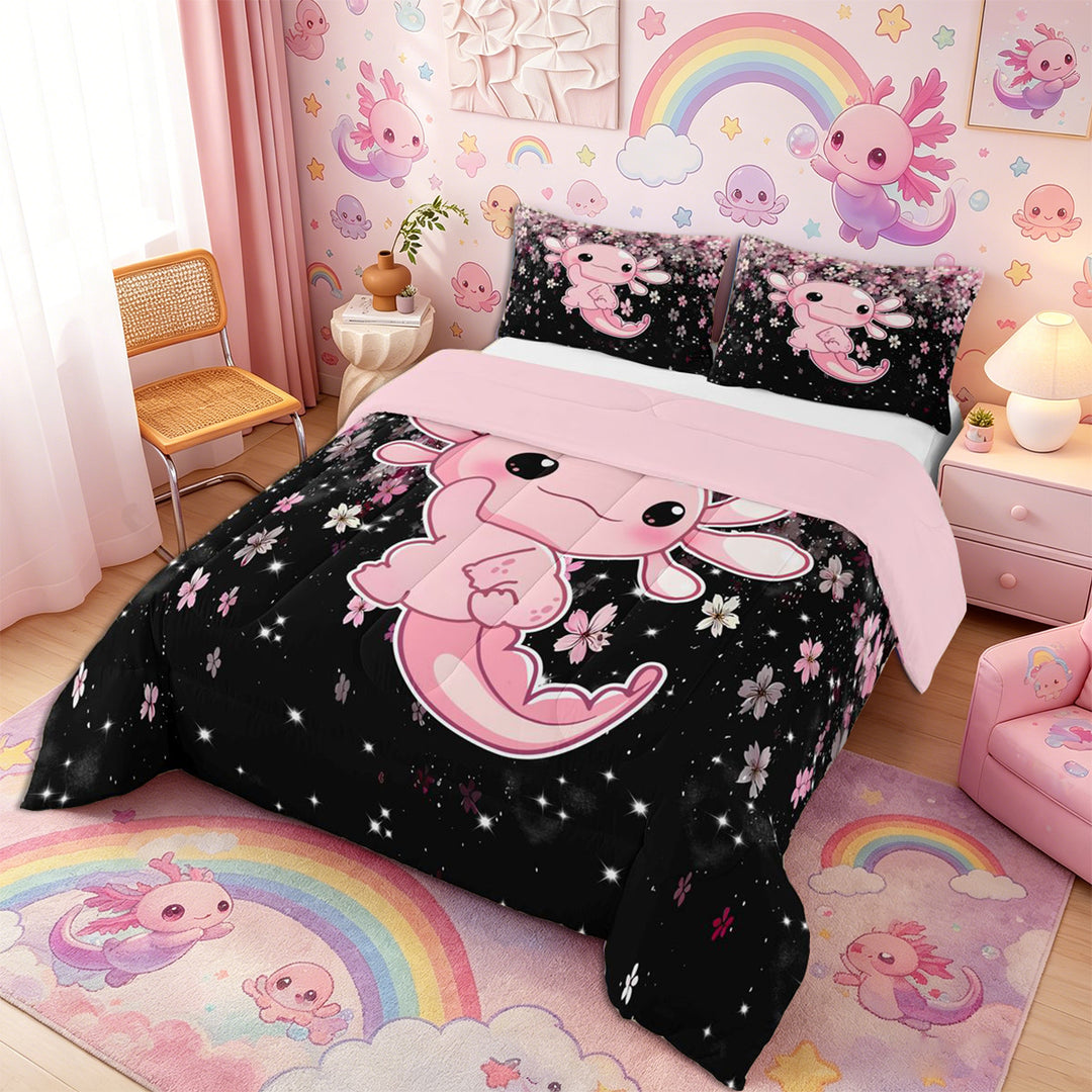 Meiyoeat Cute Axolotl Print Full Size Comforter Sets 3-Piece, Sparkle Cherry Blossom Pattern Bedding Comforter Set, Pink Black,Pink Reversible