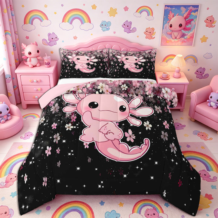 Meiyoeat Cute Axolotl Print Full Size Comforter Sets 3-Piece, Sparkle Cherry Blossom Pattern Bedding Comforter Set, Pink Black,Pink Reversible