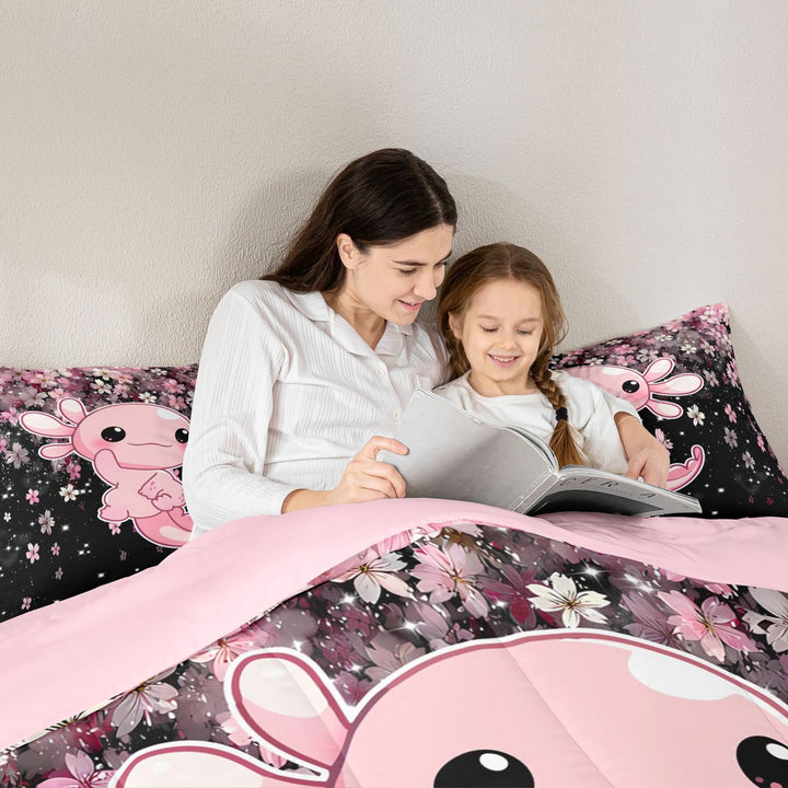 Meiyoeat Cute Axolotl Print Full Size Comforter Sets 3-Piece, Sparkle Cherry Blossom Pattern Bedding Comforter Set, Pink Black,Pink Reversible