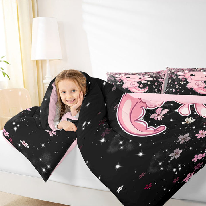 Meiyoeat Cute Axolotl Print Full Size Comforter Sets 3-Piece, Sparkle Cherry Blossom Pattern Bedding Comforter Set, Pink Black,Pink Reversible