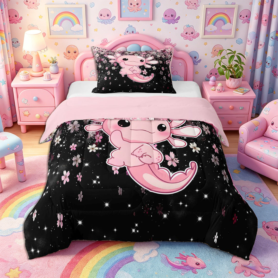 Meiyoeat Cute Axolotl Print Full Size Comforter Sets 3-Piece, Sparkle Cherry Blossom Pattern Bedding Comforter Set, Pink Black,Pink Reversible
