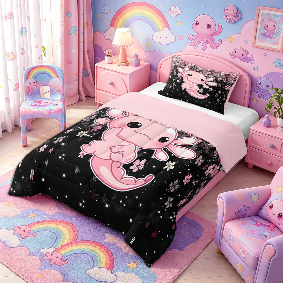 Meiyoeat Cute Axolotl Print Full Size Comforter Sets 3-Piece, Sparkle Cherry Blossom Pattern Bedding Comforter Set, Pink Black,Pink Reversible