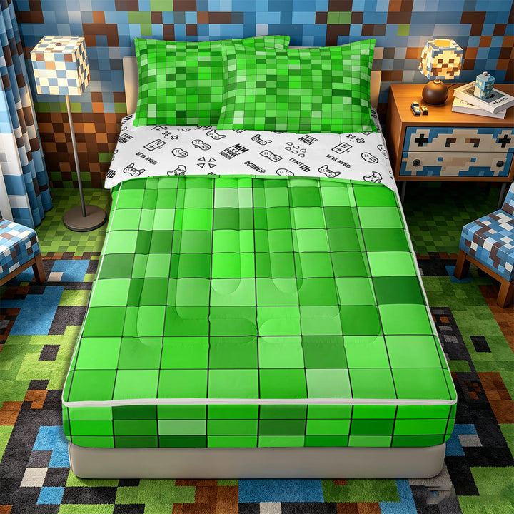 Meiyoeat Bright Green Pixelated Miners Zipper Full Size Comforter Sets with Fitted Sheet and 2 Pillowcases, Simple Square Tile Print Zipper Bedding Set,4pcs