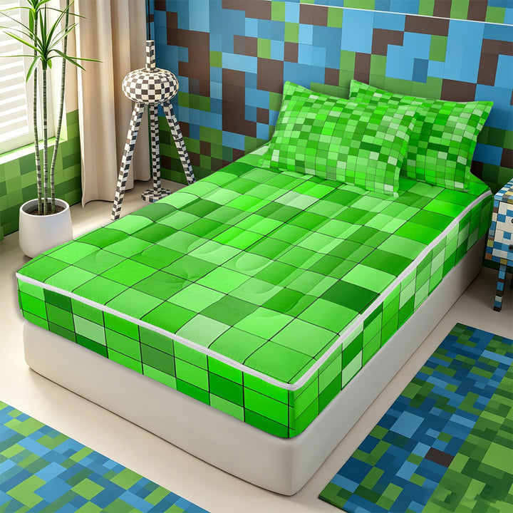 Meiyoeat Bright Green Pixelated Miners Zipper Full Size Comforter Sets with Fitted Sheet and 2 Pillowcases, Simple Square Tile Print Zipper Bedding Set,4pcs