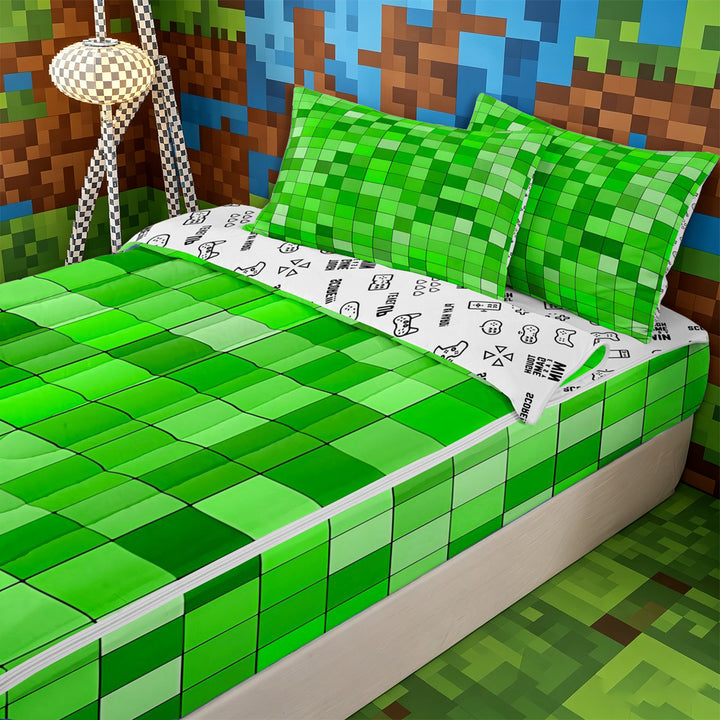 Meiyoeat Bright Green Pixelated Miners Zipper Full Size Comforter Sets with Fitted Sheet and 2 Pillowcases, Simple Square Tile Print Zipper Bedding Set,4pcs
