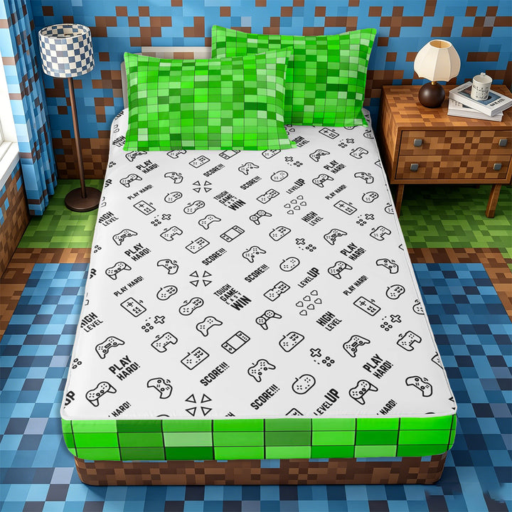 Meiyoeat Bright Green Pixelated Miners Zipper Full Size Comforter Sets with Fitted Sheet and 2 Pillowcases, Simple Square Tile Print Zipper Bedding Set,4pcs