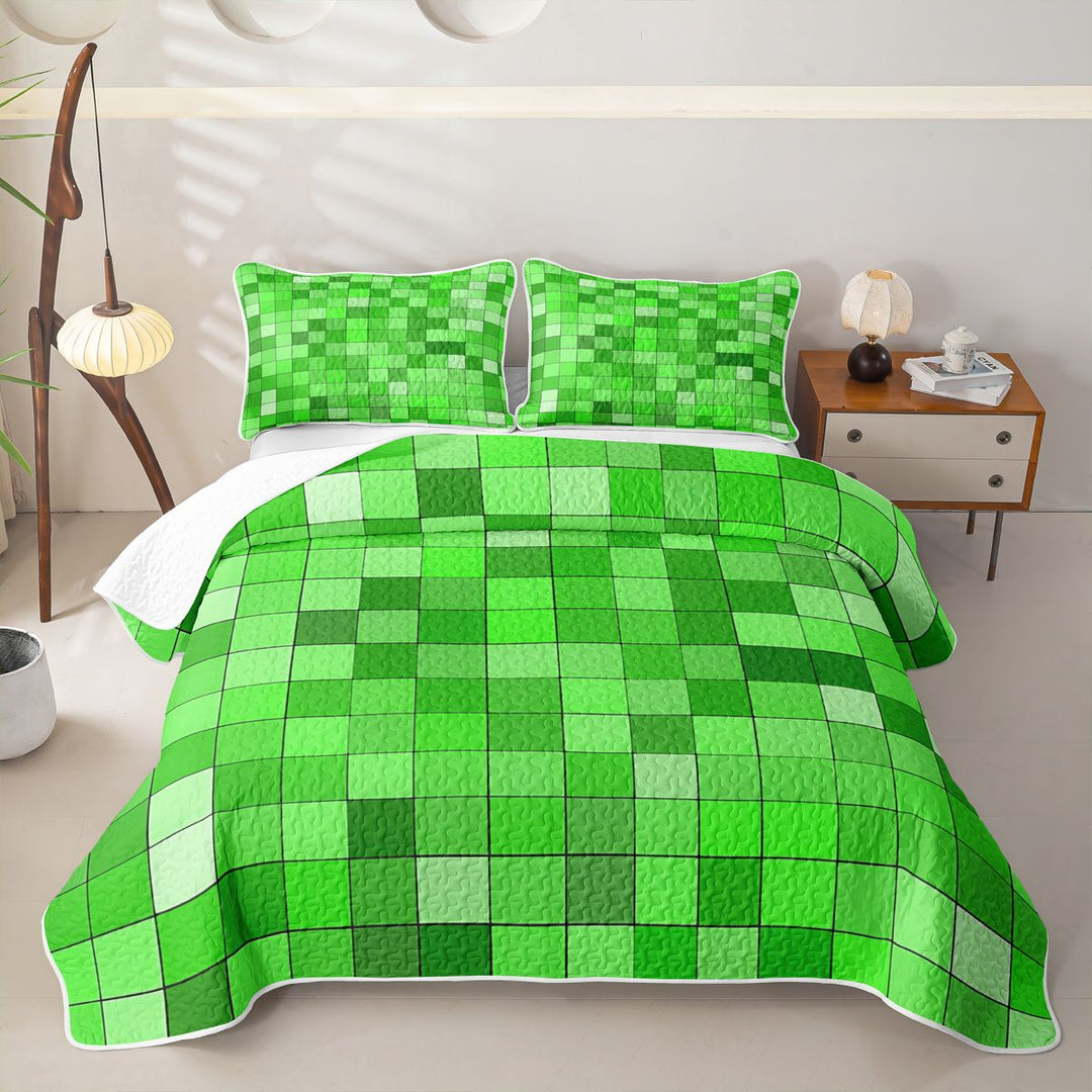 Meiyoeat Bright Green Pixelated Miners Quilt King,Simple Square Tile Print King Coverlet Set