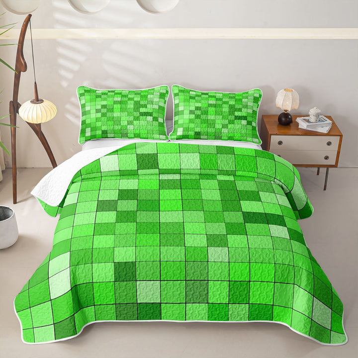 Meiyoeat Bright Green Pixelated Miners Quilt King,Simple Square Tile Print King Coverlet Set