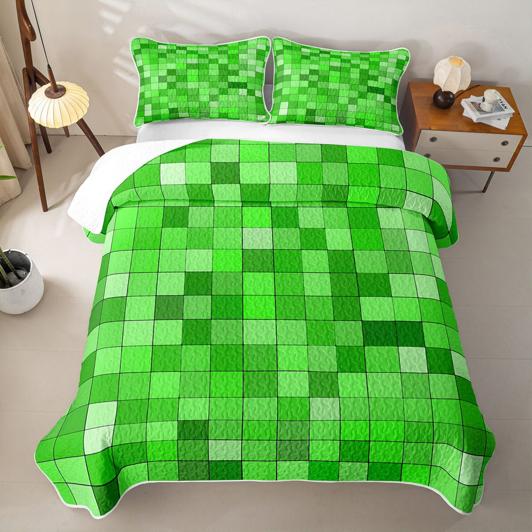 Meiyoeat Bright Green Pixelated Miners Quilt King,Simple Square Tile Print King Coverlet Set