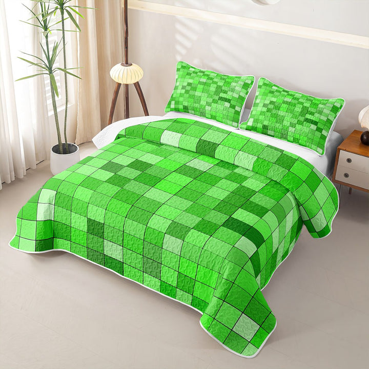 Meiyoeat Bright Green Pixelated Miners Quilt King,Simple Square Tile Print King Coverlet Set