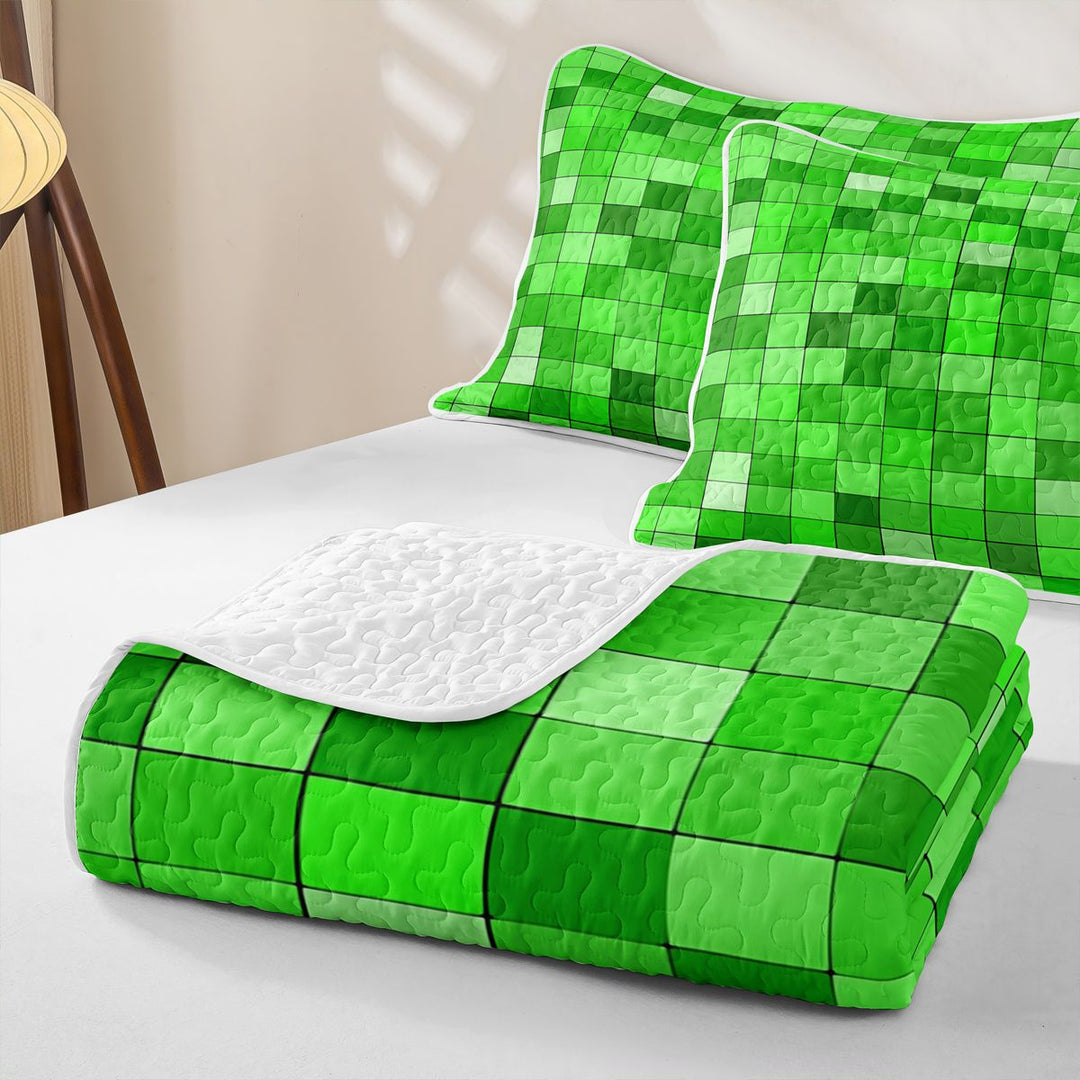 Meiyoeat Bright Green Pixelated Miners Quilt King,Simple Square Tile Print King Coverlet Set