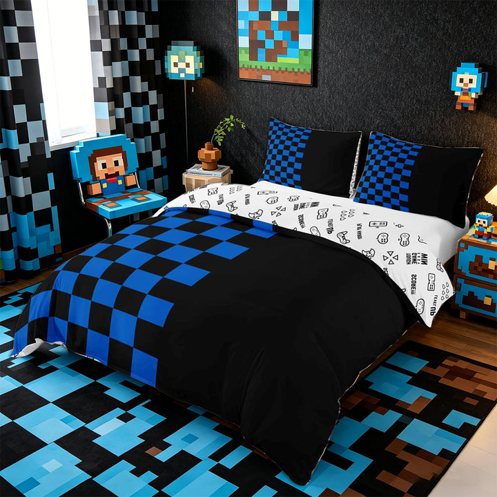 Meiyoeat Checkerboard Pattern Duvet Cover King for Adults, Classic Chess Print King Bedding, Blue Black,3 Pieces,No Comforter