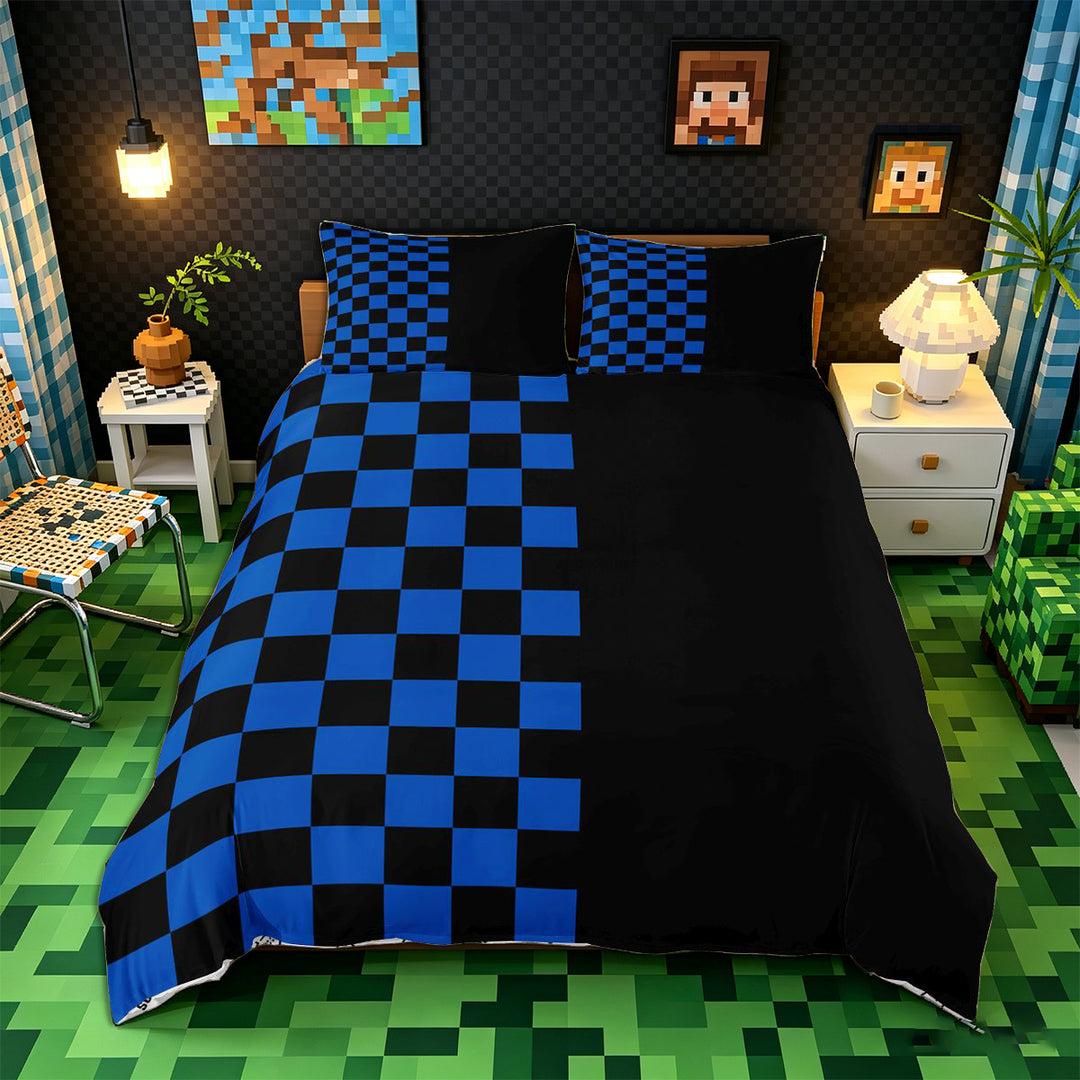 Meiyoeat Checkerboard Pattern Duvet Cover King for Adults, Classic Chess Print King Bedding, Blue Black,3 Pieces,No Comforter
