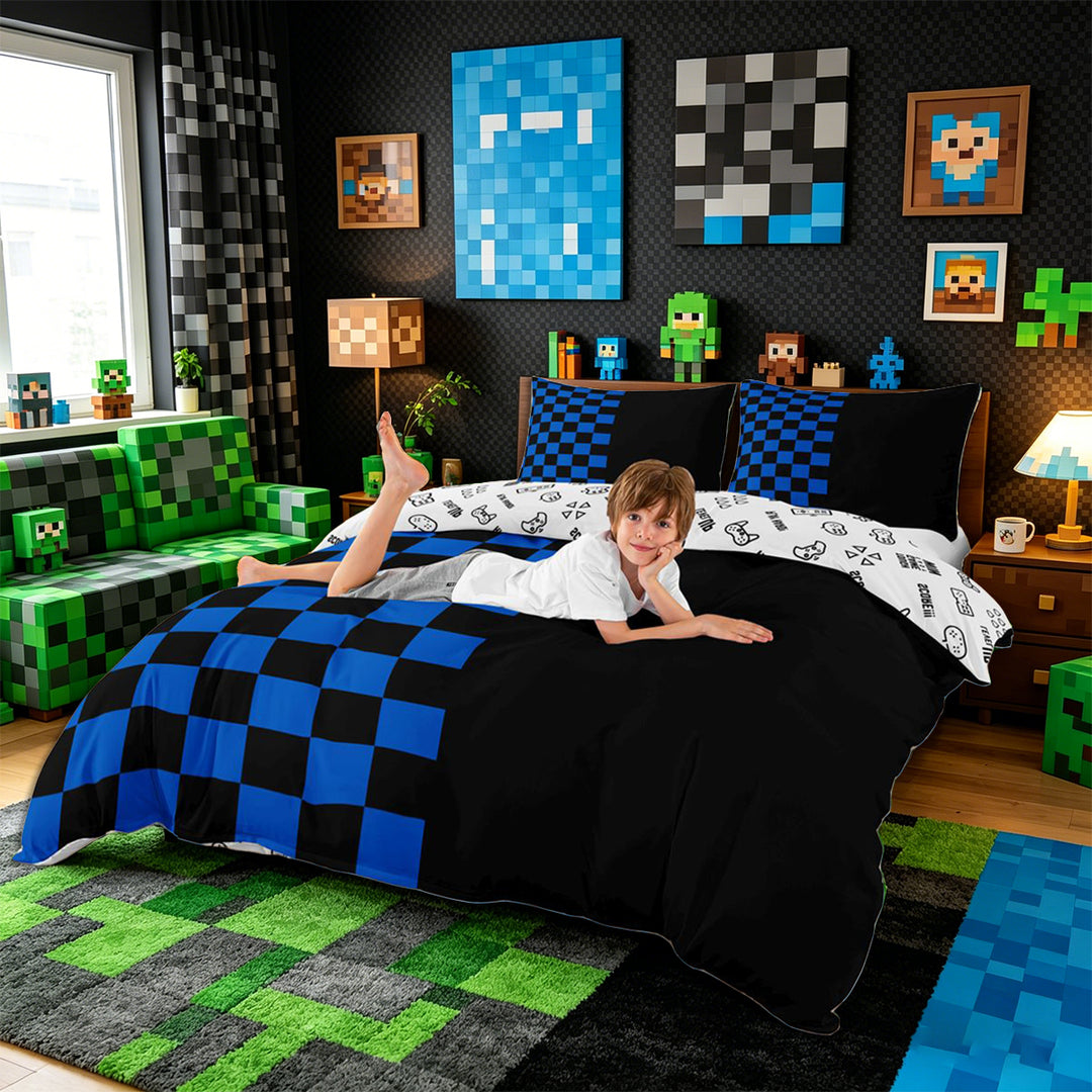 Meiyoeat Checkerboard Pattern Duvet Cover King for Adults, Classic Chess Print King Bedding, Blue Black,3 Pieces,No Comforter