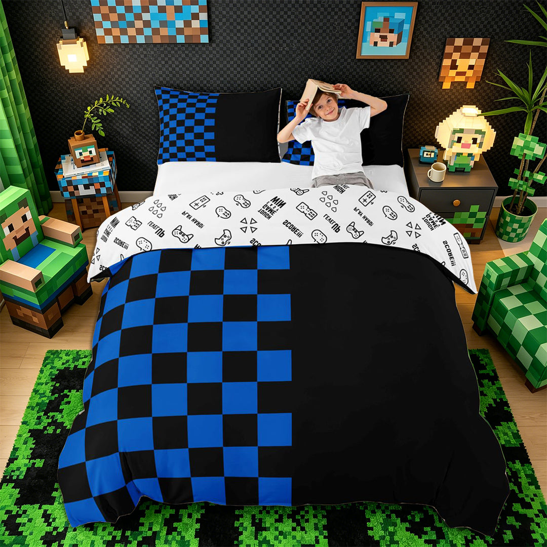 Meiyoeat Checkerboard Pattern Duvet Cover King for Adults, Classic Chess Print King Bedding, Blue Black,3 Pieces,No Comforter
