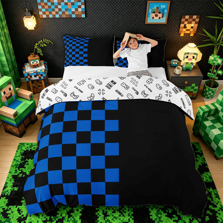 Meiyoeat Checkerboard Pattern Duvet Cover King for Adults, Classic Chess Print King Bedding, Blue Black,3 Pieces,No Comforter