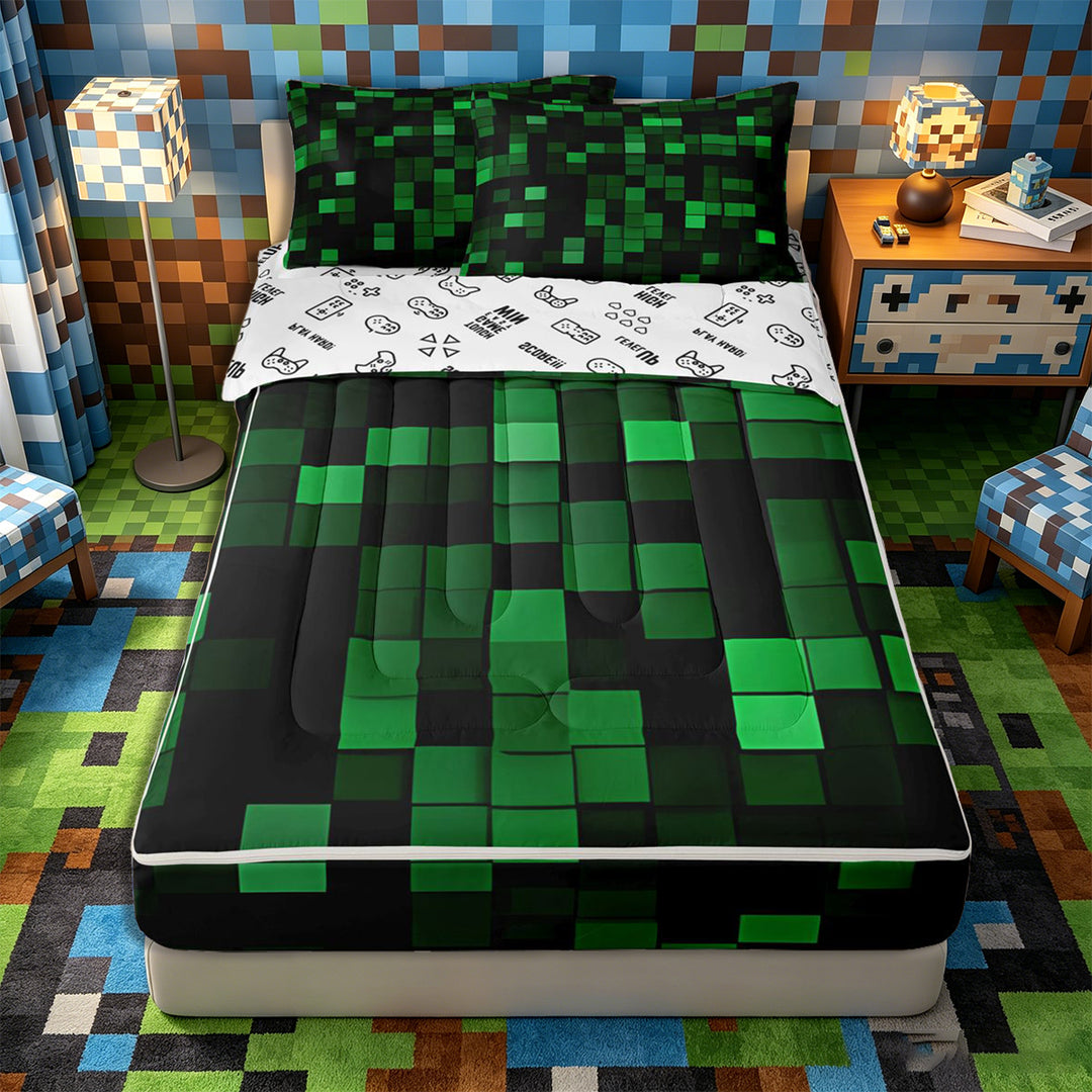 Meiyoeat Dark Grid Pattern Zipper Full Size Comforter Sets with Fitted Sheet and 2 Pillowcases for Teens, Modern Glow Block Print Zipper Bedding Set for Bedroom, Green Black,4pcs