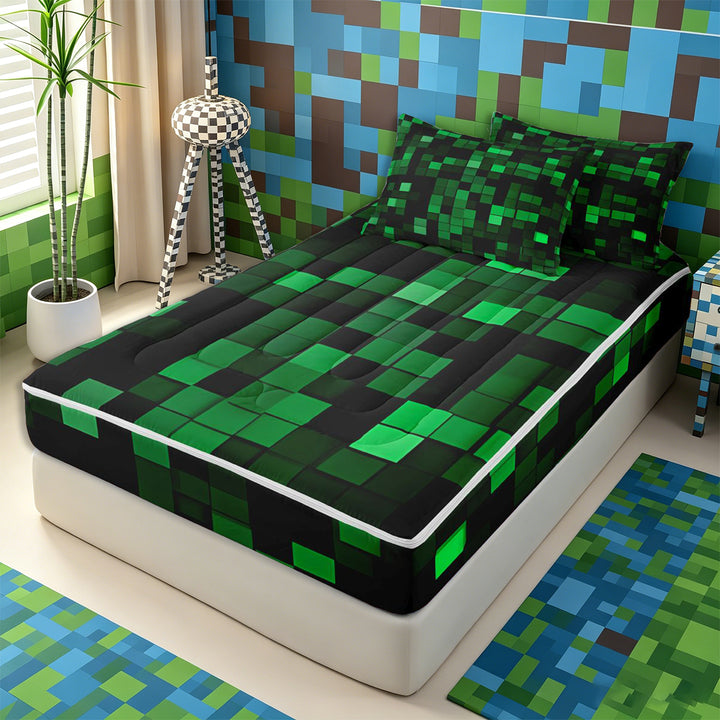 Meiyoeat Dark Grid Pattern Zipper Full Size Comforter Sets with Fitted Sheet and 2 Pillowcases for Teens, Modern Glow Block Print Zipper Bedding Set for Bedroom, Green Black,4pcs