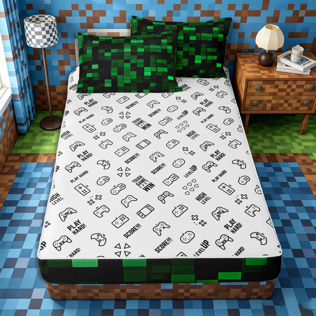 Meiyoeat Dark Grid Pattern Zipper Full Size Comforter Sets with Fitted Sheet and 2 Pillowcases for Teens, Modern Glow Block Print Zipper Bedding Set for Bedroom, Green Black,4pcs