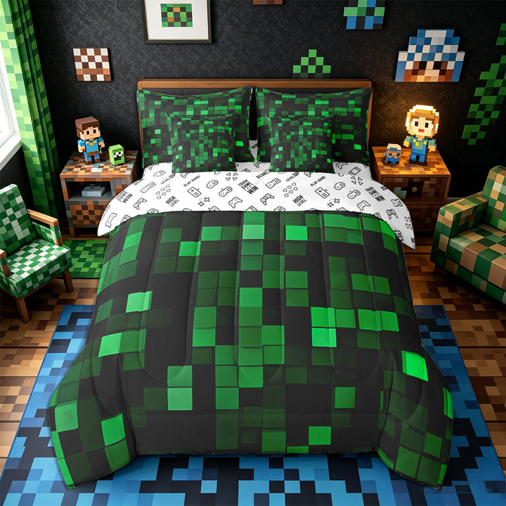 Meiyoeat Dark Grid Pattern King Bedding 7pcs for Teens, Modern Glow Block Print King Bed in a Bag for Bedroom, Green Black
