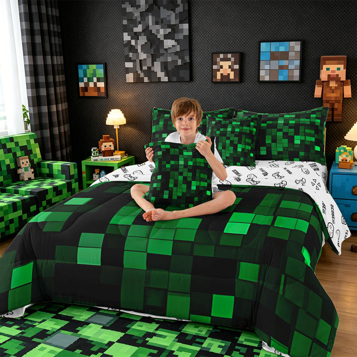 Meiyoeat Dark Grid Pattern King Bedding 7pcs for Teens, Modern Glow Block Print King Bed in a Bag for Bedroom, Green Black