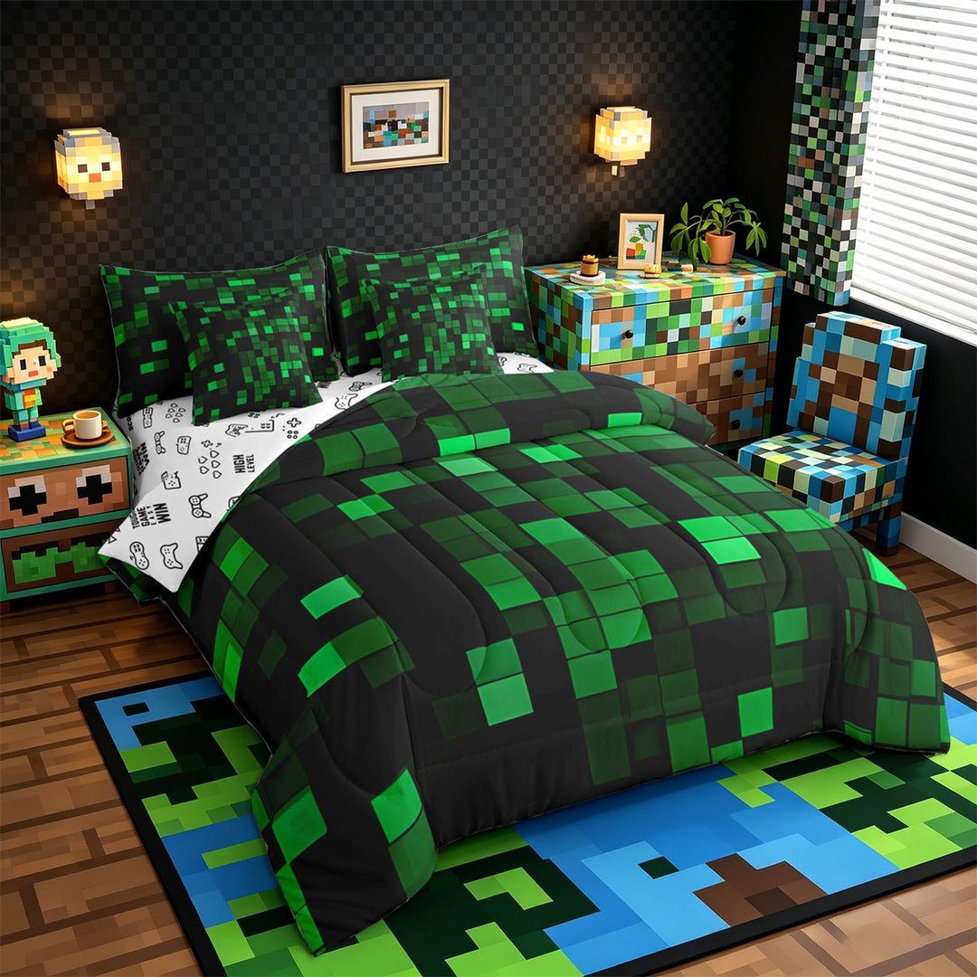Meiyoeat Dark Grid Pattern King Bedding 7pcs for Teens, Modern Glow Block Print King Bed in a Bag for Bedroom, Green Black