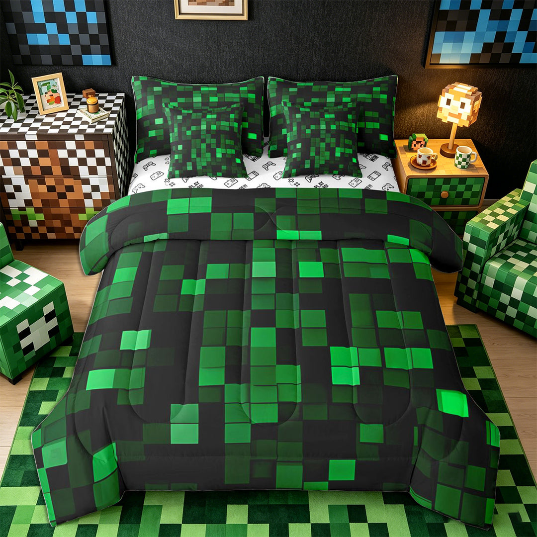 Meiyoeat Dark Grid Pattern King Bedding 7pcs for Teens, Modern Glow Block Print King Bed in a Bag for Bedroom, Green Black